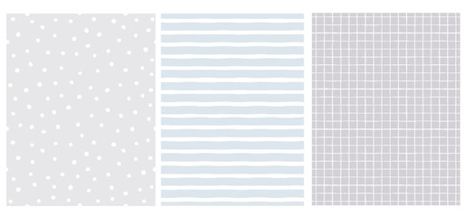 Set of 3 Hand Drawn Irregular Geometric Patterns. White Horizontal Stripes, Grid and Dots. Cool Gray and Light Pale Blue Backgrounds. Cute Infantile Style Illustration. Children's Scrawl Like Design.