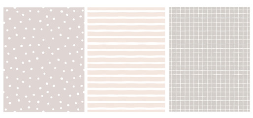 Set of 3 Hand Drawn Irregular Geometric Patterns. White Horizontal Stripes, Grid and Dots. Warm Gray and Light Pale Pink Backgrounds. Cute Infantile Style Illustration. Children's Scrawl Like Design.