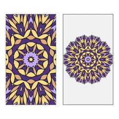 Set of two card collection. Vintage decorative elements with mandala. Hand drawn background. Islam, Arabic, Indian, ottoman motifs. Vector illustration. Purple, grey, yellow color