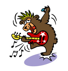 Punk Bear plays rock music on electric guitar, cartoon joke