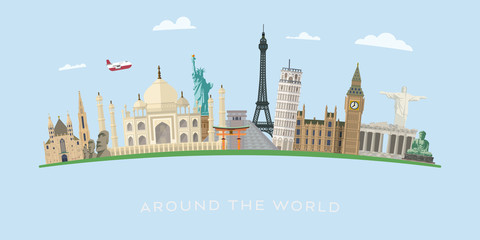 World travel with international landmarks vector banner
