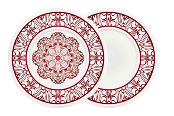 Set of 2 matching decorative plates for interior design. Porcelain plate with mandala ornament. Vector illustration. Isolated. Round geometric floral pattern. Interior decoration, home decor element