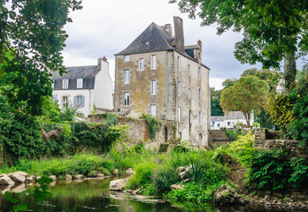 Fototapeta na wymiar View of Quimperle (Kemperle), a historic town built around two rivers, the Isole and Elle rivers that combine to form the Laita river, in Finistere, Brittany, France