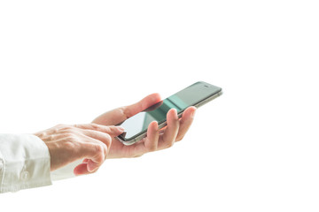 Smartphone or mobile smart phone device isolated on white background (clipping path) in business man's hands 