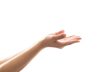 Pray for support concept with Isolated female empty open hand with palm raised upward..
