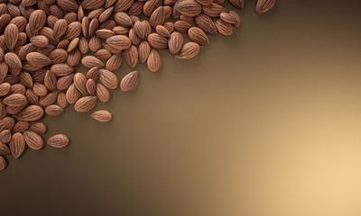 Texture of many almonds on golden background with space for text or logo