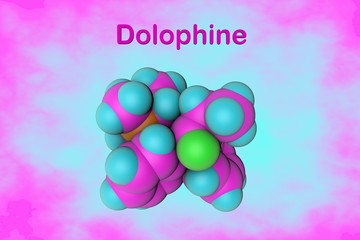 Molecular structure of dolophine. Atoms are represented as spheres with color coding: oxygen (green), nitrogen (orange), hydrogen (light blue), carbon (pink). 3d illustration