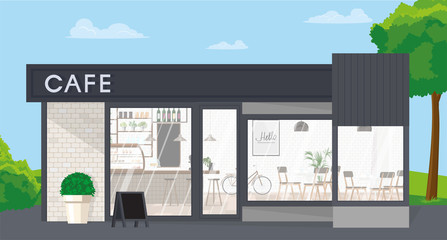 Front view of a cafe. Restaurant's design is made in a modern loft style in gray tones. Vector flat illustration.