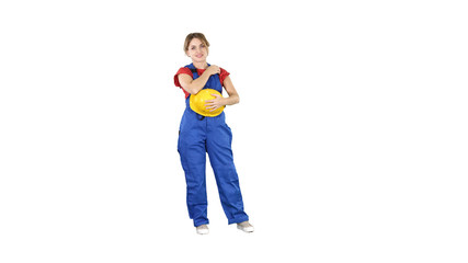 The young woman wear red t-shirt ,with yellow safety helmet ,engineer laughing on white background.