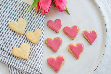 Heart shaped cookies with pink icing