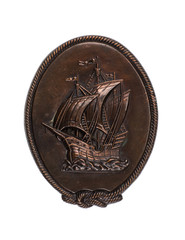 copper engraving with a sailing ship