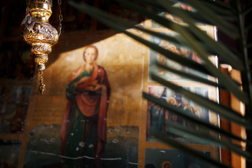 Obraz na płótnie Canvas New Athos, Abkhazia Georgia Beautiful interior and dark painted frescoes of Novy Afon orthodox monastery, Abkhazia