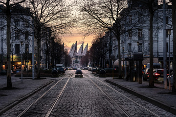 Fototapeta na wymiar empty street with cobblestones at sunset