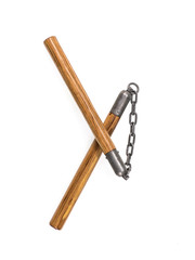 wooden nunchuck on white isolated background