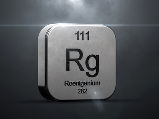 Roentgenium element 111 from the periodic table. Metallic futuristic icon 3D rendered with nice lens flare