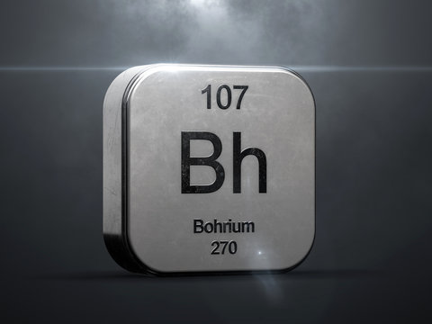 Bohrium element 107 from the periodic table. Metallic futuristic icon 3D rendered with nice lens flare