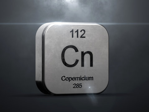Copernicium element 112 from the periodic table. Metallic futuristic icon 3D rendered with nice lens flare