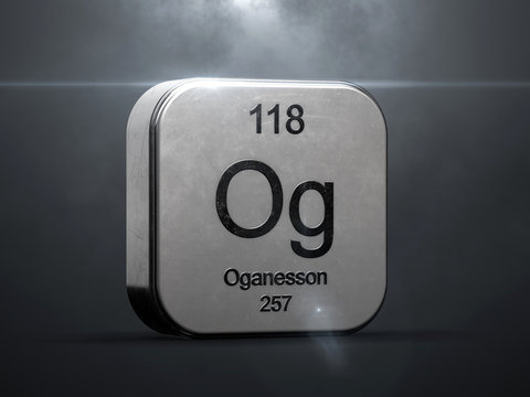 Oganesson element 118 from the periodic table. Metallic futuristic icon 3D rendered with nice lens flare