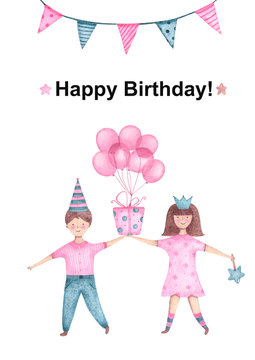 Watercolor kids boy and girl holding gift with balloon in hand for happy birthday