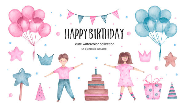 Set of watercolor happy birthday elements balloos girl boy and cake