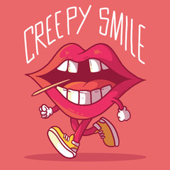 Lips character walking vector illustration. Dentist, teeth, medicine, smile, creepy design concept