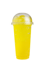 Isolated Front View of Iced Pineapple Drink in plastic cup with plastic cap. Studio shot.