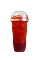 Isolated Front View of Thai Iced Lemon Tea in plastic cup with plastic cap. Studio shot.