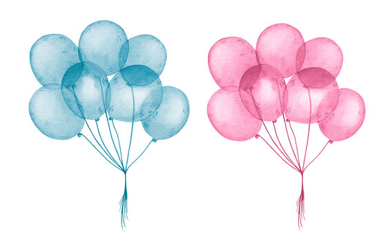 Watercolor blue and pink balloons for happy birthday