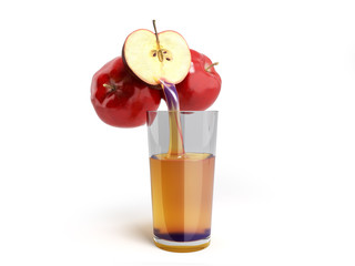 concept of fresh natural juice apple juice flows from fresh apple into a glass 3d render on white