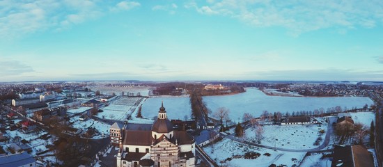 Aerial view of landmarks in Nesvizh, Minsk region, Belarus in winter. 