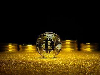Bitcoin. Crypto currency Gold Bitcoin, BTC. Macro shot of Bitcoin coins. Blockchain technology, bitcoin mining concept.