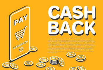Money cashback orange background with smartphone and dollar coins.