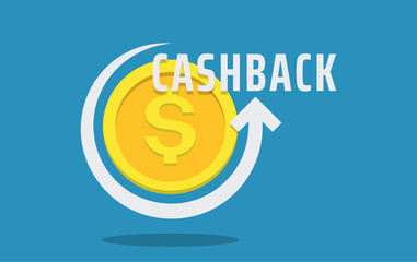 Money cashback blue poster with gold dollar coin and arrow.