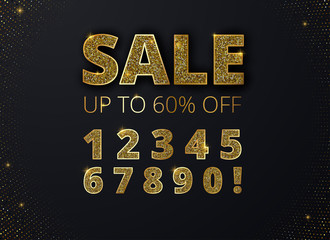 Sale promo poster template with set of golden shiny numbers.