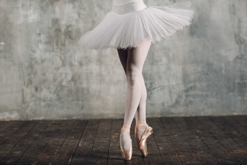 Ballerina female. Young beautiful woman ballet dancer, dressed in professional outfit, pointe shoes...