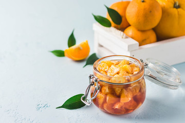 Tangerine jam. Selective focus, space for text.