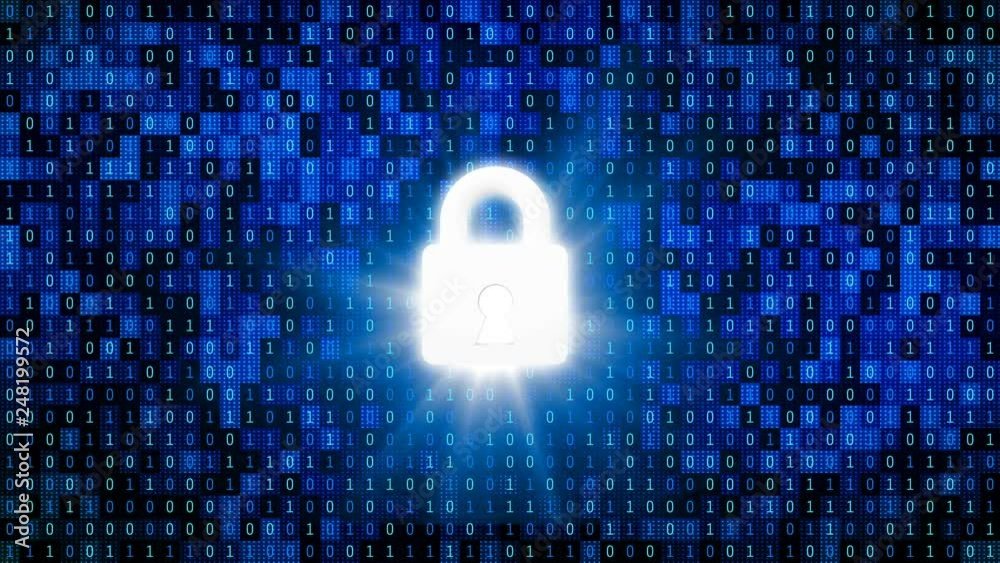 Fototapete Safety lock for protecting password with 01 or binary numbers on the computer screen on monitor background matrix, Digital data code in security technology concept. 3d abstract illustration
