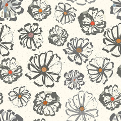 Neutral floral seamless vector pattern with colour splashes on a subtly flecked background. Hand-drawn with modern urban vibe. Perfect for stationery, textiles, home decor, giftwrapping, packaging