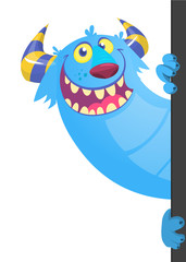 Cartoon funny monster holding empty placard, banner or paper sheet