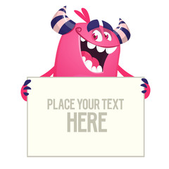 Funny cartoon monster holding empty paper sheet,  banner or sign board for text