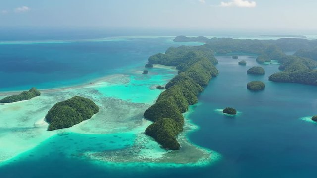 Aerial View Of South Rock Islands (Chelbacheb), Lush Green Islets Around Mecherchar Island, Seascape With Colorful Coral Reefs And Tropical Lagoons - Landscape Panorama Of Micronesia From Above, Palau