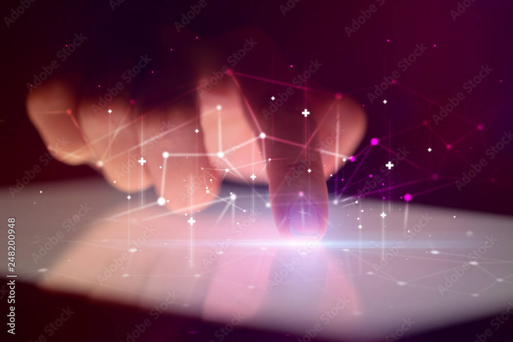 Poster finger touching tablet with global network concept and dark background