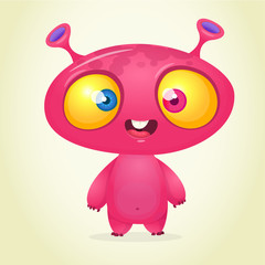 Pink funny happy cartoon alien. Green vector alien character. Halloween design