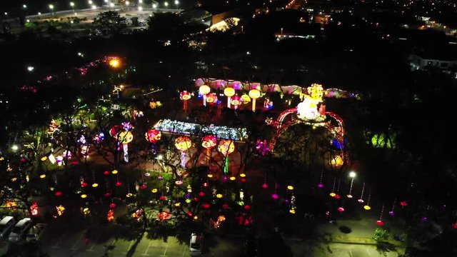 drone flight over many chinese lanterns display