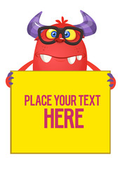 Funny  monster in eyeglasses with large board sign