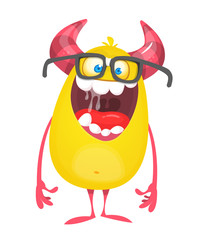 Cartoon yellow furry monster. Halloween vector illustration of excited monster