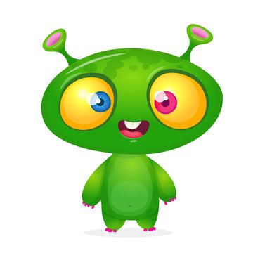 Green funny happy cartoon alien. Green vector alien character. Halloween design