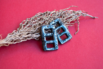 Handmade jewelry from polymer clay. Black geometric earrings. Silver jewelry.