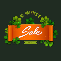 Sale advertisement banner for Saint Patrick's day, realistic green shamrock leaves, vector illustration