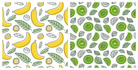 Seamless pattern set. Juicy fruit. Banana, kiwi. Hand drawn color vector sketch background. Colorful doodle wallpaper. Summer print